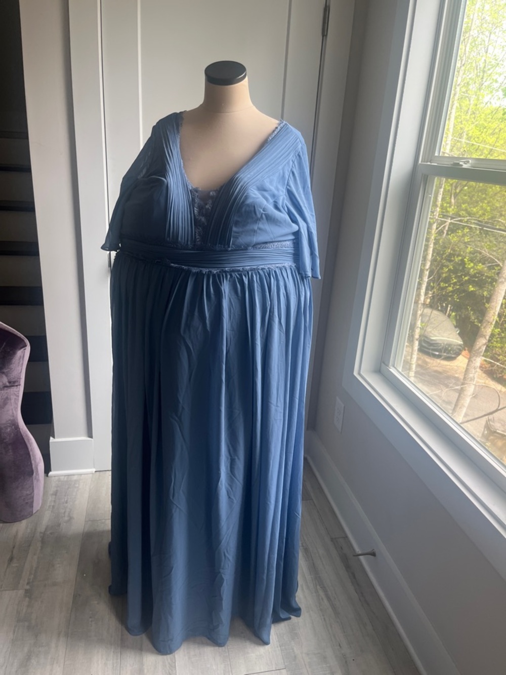 Blue Pleated V-Neck Maxi Dress